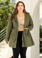 Casual Army Green Patchwork Zippered Drawstring Hoodie Trench Coat Long Sleeve
