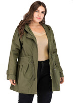 Casual Army Green Patchwork Zippered Drawstring Hoodie Trench Coat Long Sleeve