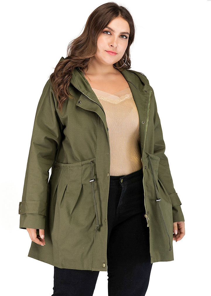 Casual Army Green Patchwork Zippered Drawstring Hoodie Trench Coat Long Sleeve