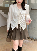 Casual Beige V Neck Cinched Spandex Shirt Fall