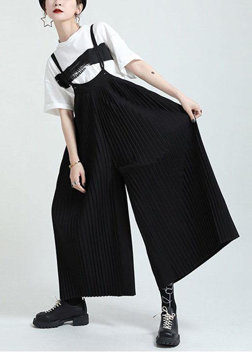 Casual Black High Waist Wrinkled Wide Leg Summer Jumpsuit