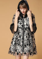 Casual Black Hooded Embroideried Patchwork Organza Coats Half Sleeve