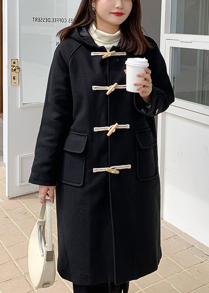 Casual Black Hooded Pockets Fine Cotton Filled Woolen Trench Winter