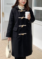 Casual Black Hooded Pockets Fine Cotton Filled Woolen Trench Winter