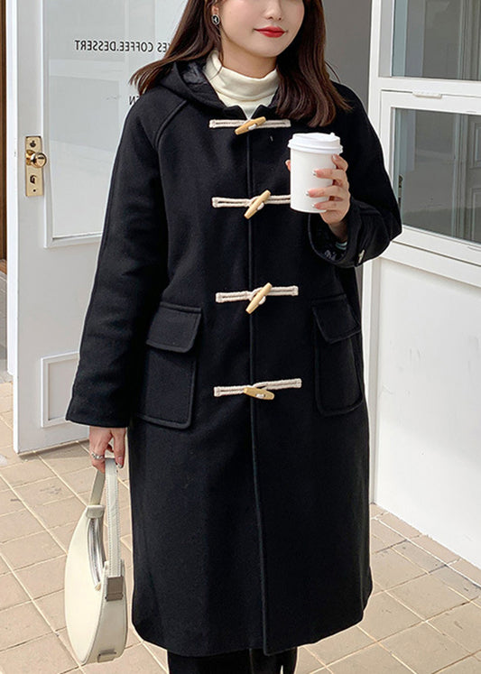 Casual Black Hooded Pockets Fine Cotton Filled Woolen Trench Winter