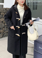 Casual Black Hooded Pockets Fine Cotton Filled Woolen Trench Winter