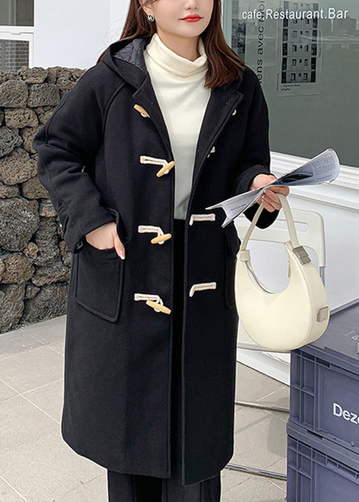 Casual Black Hooded Pockets Fine Cotton Filled Woolen Trench Winter