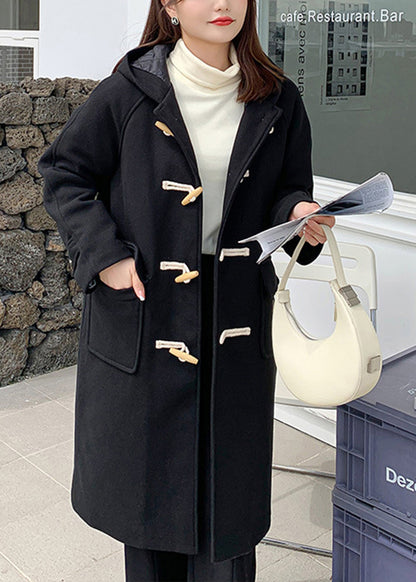 Casual Black Hooded Pockets Fine Cotton Filled Woolen Trench Winter