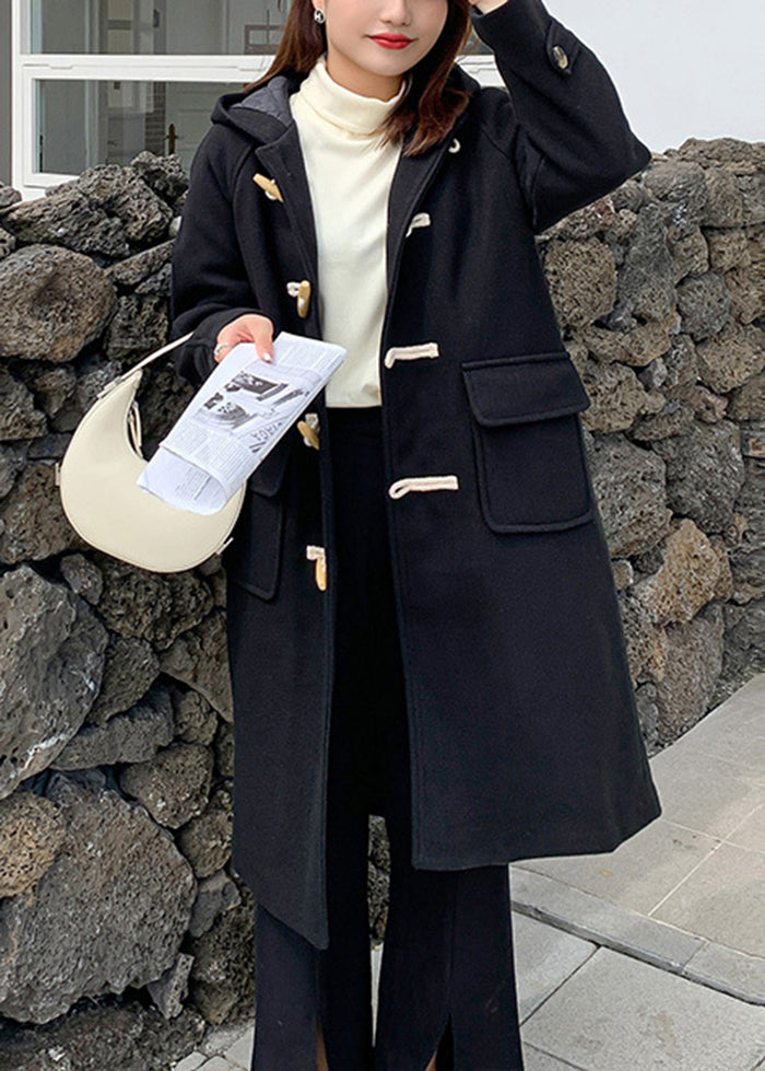 Casual Black Hooded Pockets Fine Cotton Filled Woolen Trench Winter