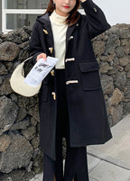 Casual Black Hooded Pockets Fine Cotton Filled Woolen Trench Winter