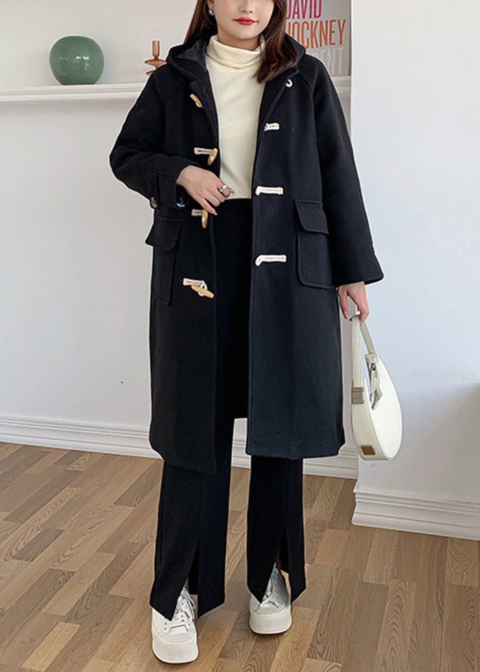 Casual Black Hooded Pockets Fine Cotton Filled Woolen Trench Winter