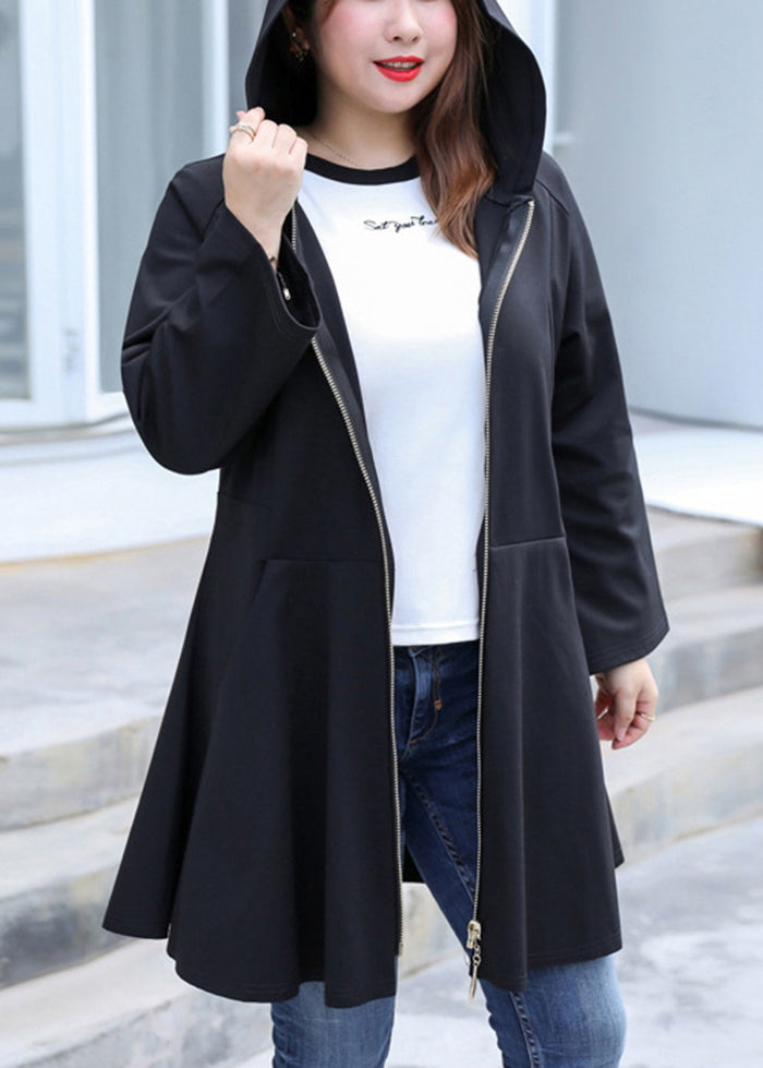 Casual Black Hooded Zippered Exra Large Hem Coats Fall