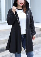 Casual Black Hooded Zippered Exra Large Hem Coats Fall