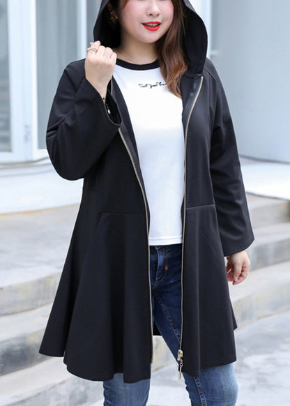 Casual Black Hooded Zippered Exra Large Hem Coats Fall
