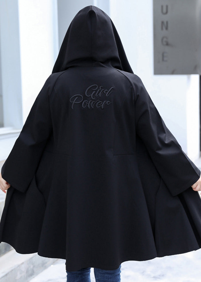 Casual Black Hooded Zippered Exra Large Hem Coats Fall