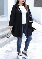 Casual Black Hooded Zippered Exra Large Hem Coats Fall