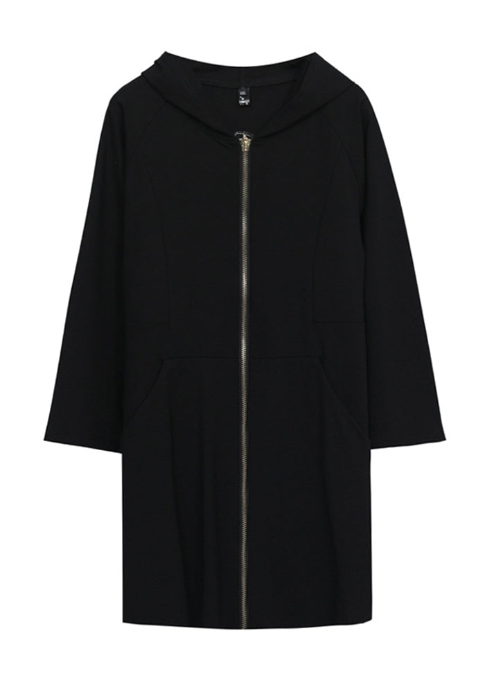 Casual Black Hooded Zippered Exra Large Hem Coats Fall