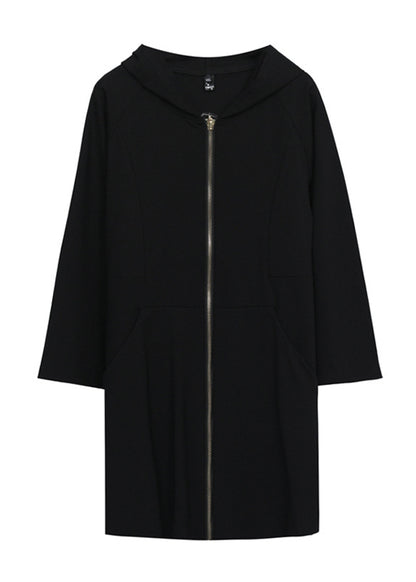 Casual Black Hooded Zippered Exra Large Hem Coats Fall