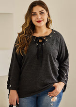 Load image into Gallery viewer, Casual Black Lace Up Patchwork Cotton T Shirt Top Long Sleeve