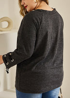 Casual Black Lace Up Patchwork Cotton T Shirt Top Long Sleeve