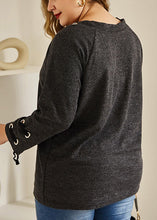 Load image into Gallery viewer, Casual Black Lace Up Patchwork Cotton T Shirt Top Long Sleeve