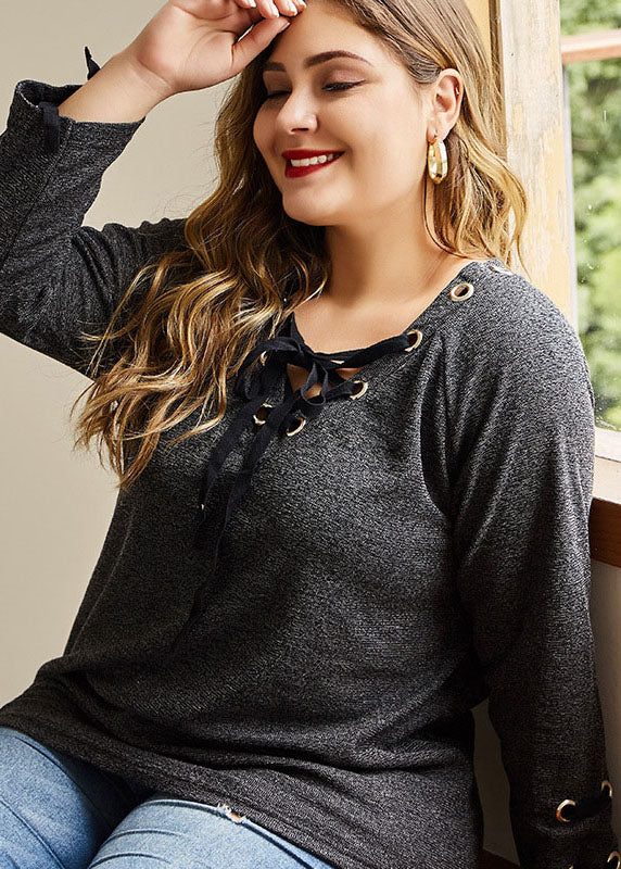 Casual Black Lace Up Patchwork Cotton T Shirt Top Long Sleeve