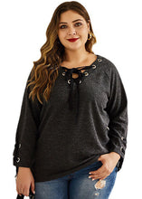 Load image into Gallery viewer, Casual Black Lace Up Patchwork Cotton T Shirt Top Long Sleeve