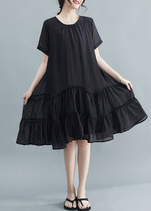 Casual Black O-Neck Patchwork Wrinkled Cotton Dresses Summer