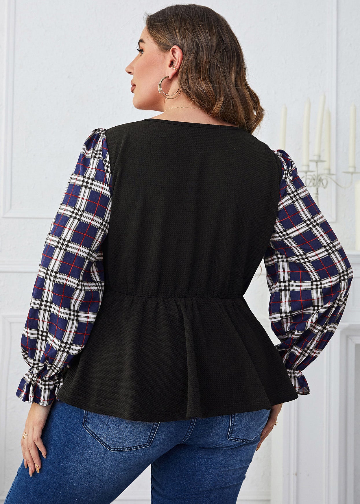 Lässige schwarze karierte Patchwork-Hemden mit O-Ausschnitt für den Herbst