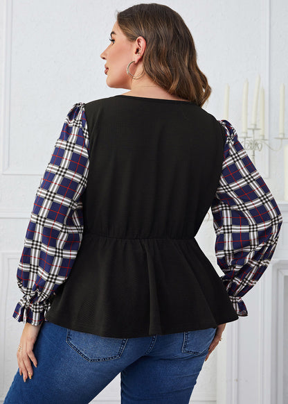 Lässige schwarze karierte Patchwork-Hemden mit O-Ausschnitt für den Herbst