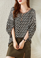Casual Black O-Neck Print Chiffon Shirt Half Sleeve