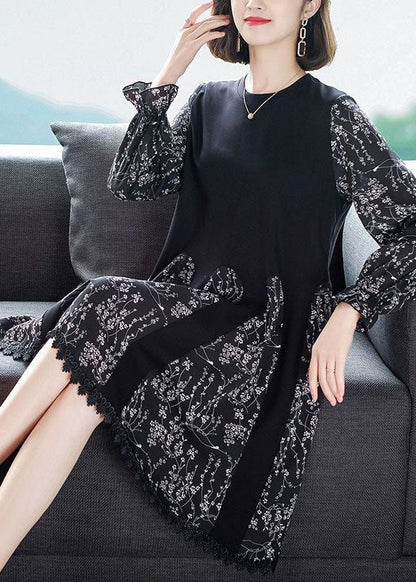 Casual Black Oversized Patchwork Print Chiffon Robe Dresses Spring