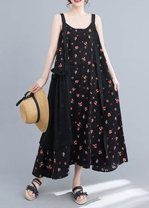 Casual Black Ruffled Patchwork Print Chiffon Strap Dress Summer