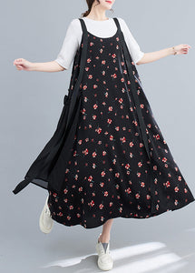 Casual Black Ruffled Patchwork Print Chiffon Strap Dress Summer