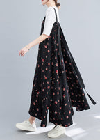 Casual Black Ruffled Patchwork Print Chiffon Strap Dress Summer
