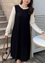 Casual Black Ruffled Patchwork Spandex Fake Two Piece Dress Fall