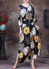 Load image into Gallery viewer, Casual Black V Neck Print Side Open Sashes Silk Vacation Long Dress Bracelet Sleeve