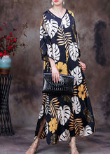 Load image into Gallery viewer, Casual Black V Neck Print Side Open Sashes Silk Vacation Long Dress Bracelet Sleeve