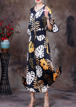Load image into Gallery viewer, Casual Black V Neck Print Side Open Sashes Silk Vacation Long Dress Bracelet Sleeve