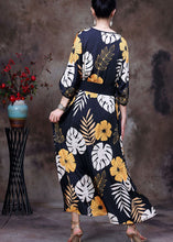 Load image into Gallery viewer, Casual Black V Neck Print Side Open Sashes Silk Vacation Long Dress Bracelet Sleeve
