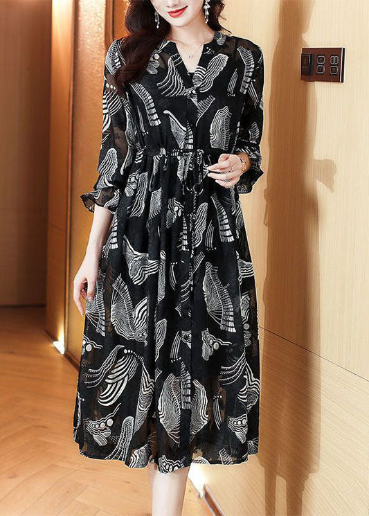 Casual Black V Neck Tie Waist Print Chiffon Holiday Dress Spring