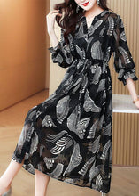 Load image into Gallery viewer, Casual Black V Neck Tie Waist Print Chiffon Holiday Dress Spring