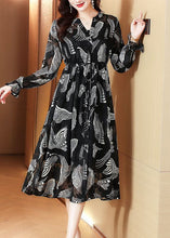 Load image into Gallery viewer, Casual Black V Neck Tie Waist Print Chiffon Holiday Dress Spring
