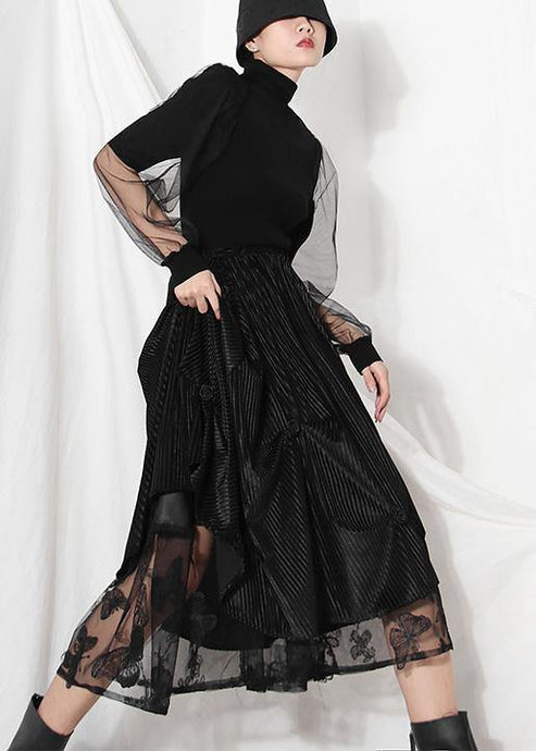 Casual Black velour Patchwork asymmetrical design Skirt