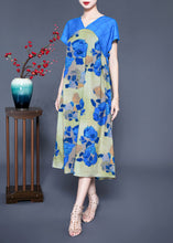 Load image into Gallery viewer, Casual Blue V Neck Patchwork Print Silk Holiday Dress Summer