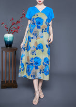 Load image into Gallery viewer, Casual Blue V Neck Patchwork Print Silk Holiday Dress Summer