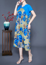 Load image into Gallery viewer, Casual Blue V Neck Patchwork Print Silk Holiday Dress Summer