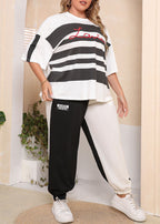 Casual Colorblock O-Neck Striped Patchwork Cotton Two Pieces Set Half Sleeve