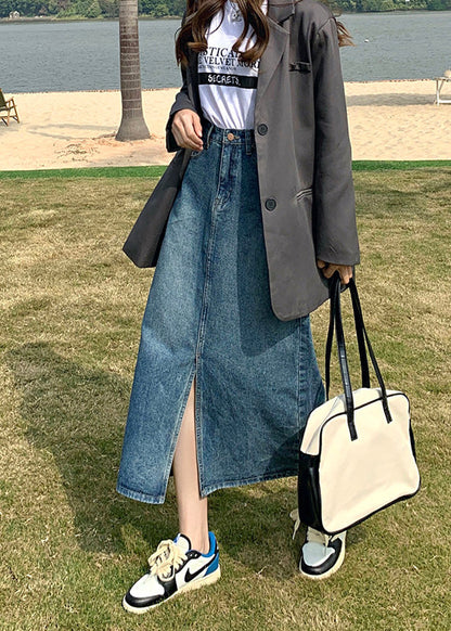 Casual Denim Blue High Waist Patchwork A Line Skirts Summer