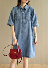Load image into Gallery viewer, Casual Denim Blue Peter Pan Collar Pockets Summer Cotton Mid Dress Half Sleeve
